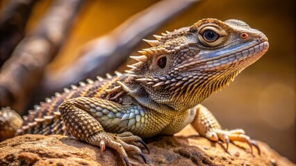 Fototapeta premium A small, spiky, brown-scaled sand lizard perches in a curled position, showcasing sharp claws and scaly texture, a pet dragon.
