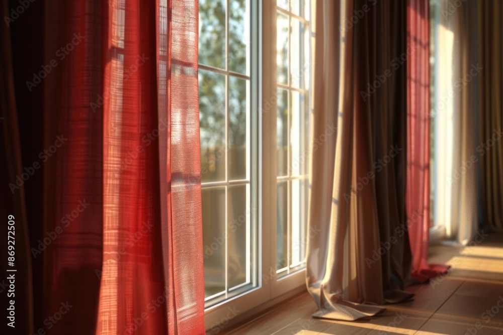Poster a warm and cozy scene with sunlight shining through window curtains, ideal for use in interior desig