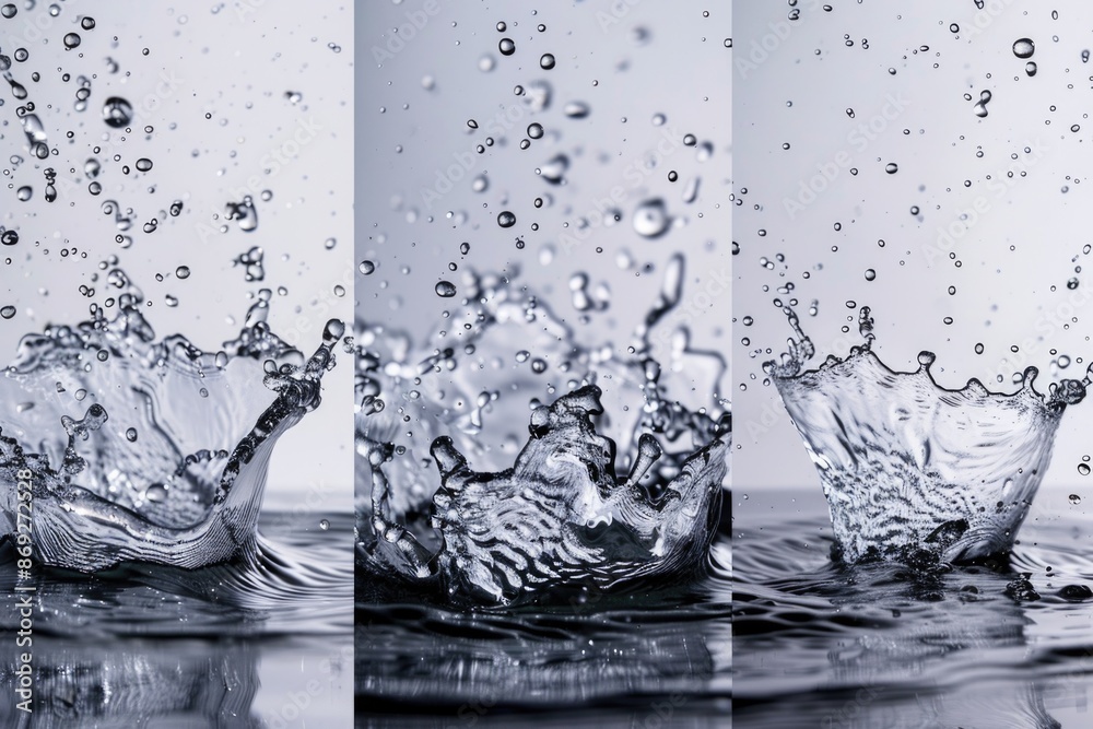 Poster a close-up shot of a water splash in black and white, great for use in design or editorial purposes