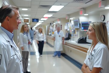 Obraz premium Hospital Hallway With Medical Professionals During Daytime