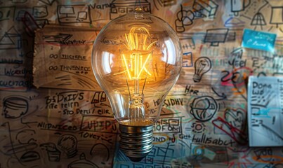 Illuminated Lightbulb on a Background of Scribbles