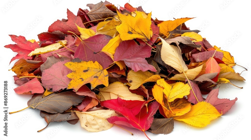 Poster a stack of vibrant autumn leaves on a clean white surface, perfect for fall-themed designs or as a s