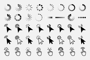 Pointer click icon. Clicking cursor, pointing hand clicks and waiting loading icons. Website arrows or hands cursors tools, computer interface button. Vector isolated symbols collection