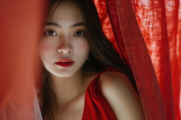 A woman in a bright red dress peeking out from behind a red curtain, simple yet striking scene