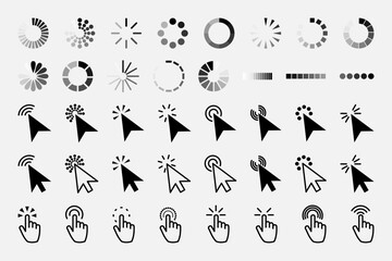 Pointer click icon. Clicking cursor, pointing hand clicks and waiting loading icons. Website arrows or hands cursors tools, computer interface button. Vector isolated symbols collection