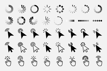 Pointer click icon. Clicking cursor, pointing hand clicks and waiting loading icons. Website arrows or hands cursors tools, computer interface button. Vector isolated symbols collection