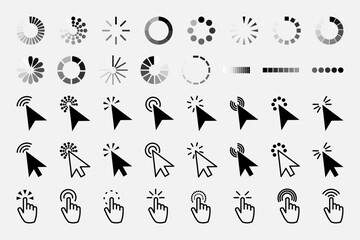 Pointer click icon. Clicking cursor, pointing hand clicks and waiting loading icons. Website arrows or hands cursors tools, computer interface button. Vector isolated symbols collection