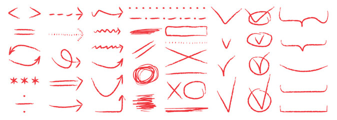 Hand draw crayon texture elements. Red doodle isolated arrow, crosses, mathematical marks, checkmarks, strike through, underline, straight, wavy, outlined lines, parentheses and scribbles.