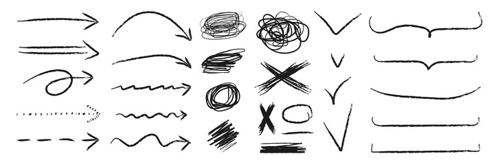 Hand drawn charcoal texture elements. Black doodle isolated vector arrow, crosses, mathematical marks, checkmarks, strike through, underline, straight, wavy, outlined lines, parentheses, scribbles. © Tami Yako