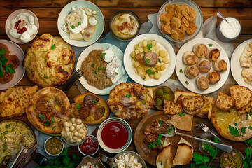 A colorful composition showcasing Georgia's culinary delights, featuring Khachapuri, Khinkali, Mtsvadi, and other regional specialties.