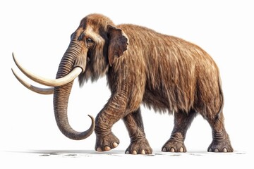 A full-grown mammoth is depicted walking on a white background. The image highlights the mammoth's thick fur, long curved tusks, and large size, showcasing realistic representation prehistoric animal