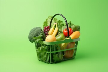 A green shopping basket filled with a variety of fresh fruits and vegetables, including bananas, broccoli, grapes, an apple, an orange, a tomato, lettuce, and celery. The vibrant colors and healthy