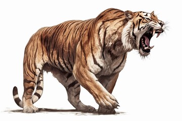 Obraz premium A fierce saber-toothed tiger is depicted in full growth, baring its long, sharp fangs. The image showcases the powerful muscles, striped fur, and intense expression of this prehistoric predator
