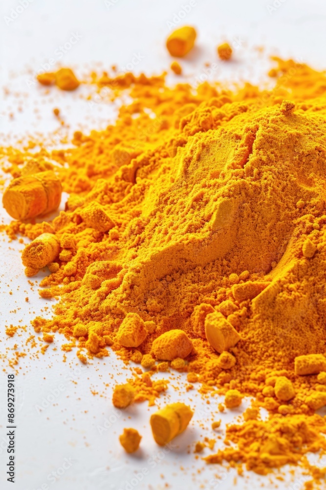 Poster a close-up shot of yellow powder on a white surface, often used in laboratory settings or as a decor