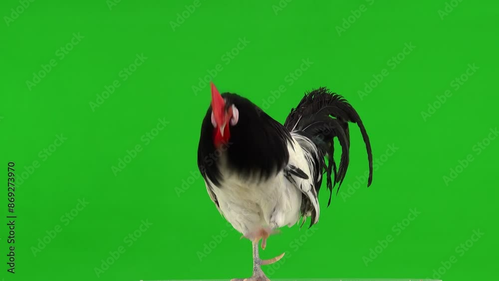 Poster rooster focuses on an object and then turns his head on a green screen