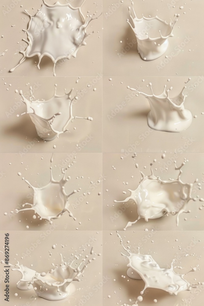 Poster a collection of photos showing the splashing effect of milk