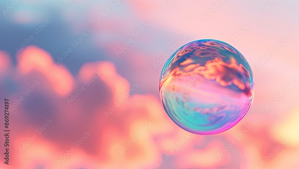 Poster A single soap bubble floating in the air, with colorful reflections on its surface