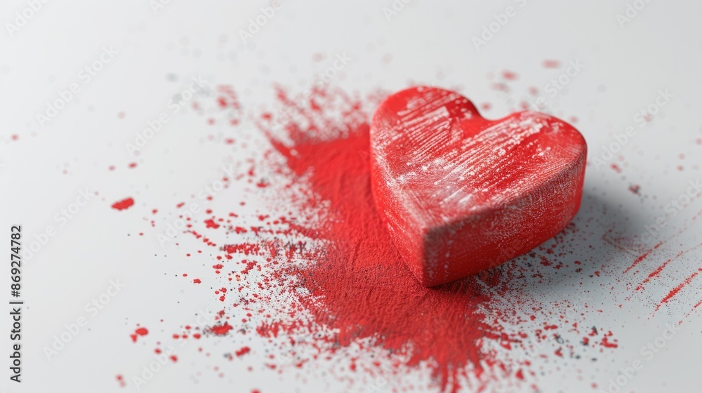 Poster a red heart shaped object sits on a white surface