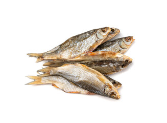 Dry roach, salted fish isolated, dried rutilus, taranka beer snack, whole salted and dried fish, prepared seafood