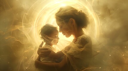 Parent-Child Bonding as a warm embrace between parent and child, surrounded by a halo of love and security, symbolizing the deep connection and trust that forms the heart of family relationships. 