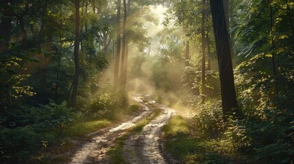A dirt road winding through dense forest foliage