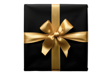 Black Gift box with golden ribbon isolated on transparent background