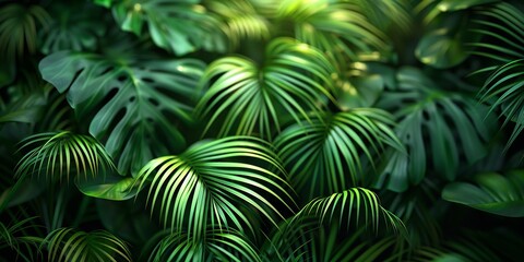 Lush Tropical Foliage with Sunlit Leaves in Vibrant Green Jungle