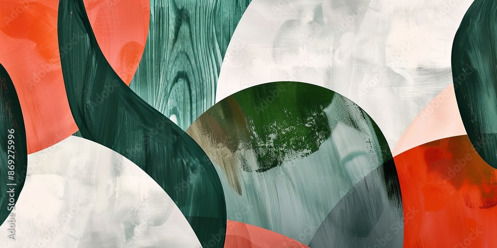 Poster Abstract shapes in emerald green, coral, and light gray