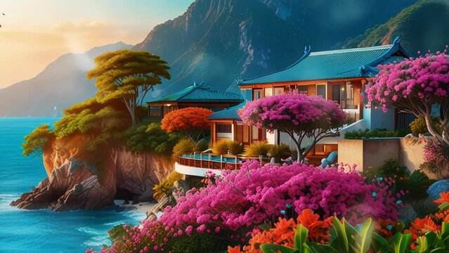 Landscape Rocky hills with Chinese temples and waterfalls, in a smooth looping background with 4K video animation.