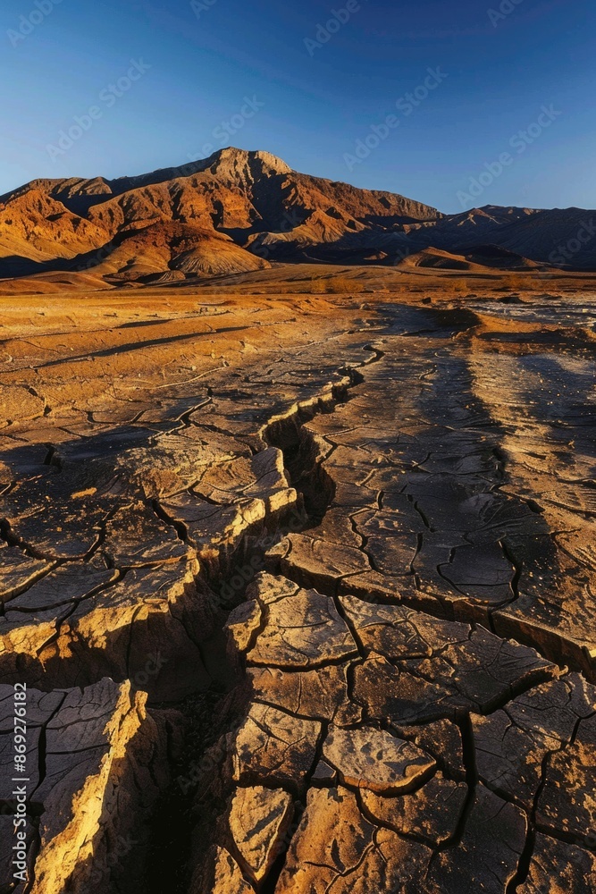 Poster barren desert landscape with a mountain visible in the distance, ideal for use in travel or adventur