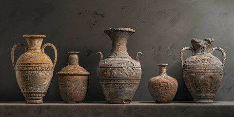 Collection of decorative vases displayed on a shelf, suitable for use in still life photography or as a prop in interior design images