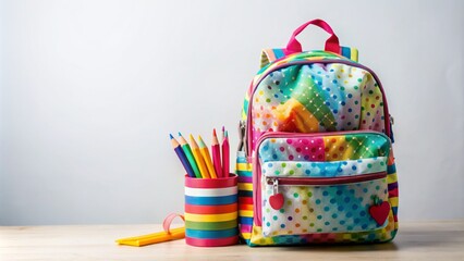 Fototapeta premium Vibrant colorful backpack stands alone on a white backdrop, adorned with trendy accessories, symbolizing excitement for back to school season.