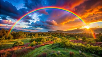 Obraz premium Vibrant colorful arch-shaped rainbow with distinct red, orange, yellow, green, blue, indigo, and violet hues blending harmoniously in nature.