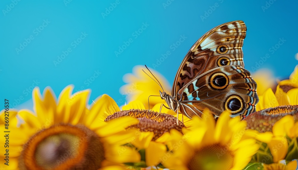 Poster An exotic Morpho butterfly (Morpho menelaus) resting on a bed of yellow sunflowers