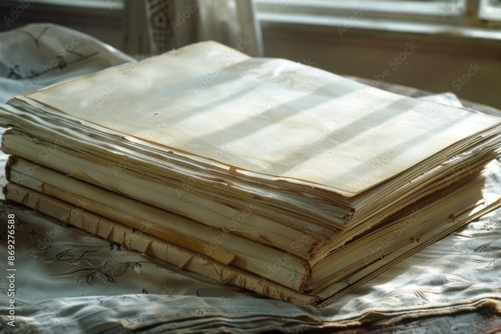 Poster stack of vintage documents and books on a wooden surface, perfect for historical or nostalgic concep