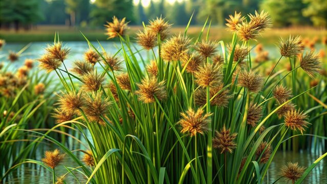 A detailed illustration of isolated Cyperus grass bushes, specifically nutsedge or nutgrass, in 3D, featuring intricate textures and lifelike details.