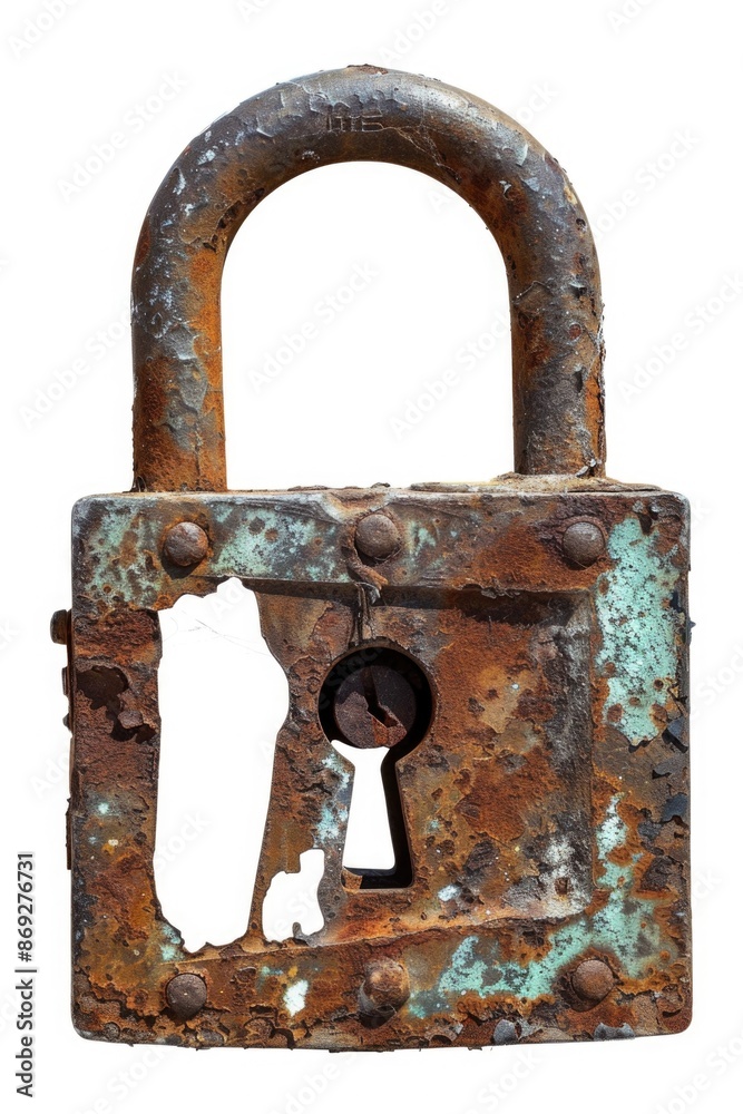 Poster rusty old padlock with a keyhole