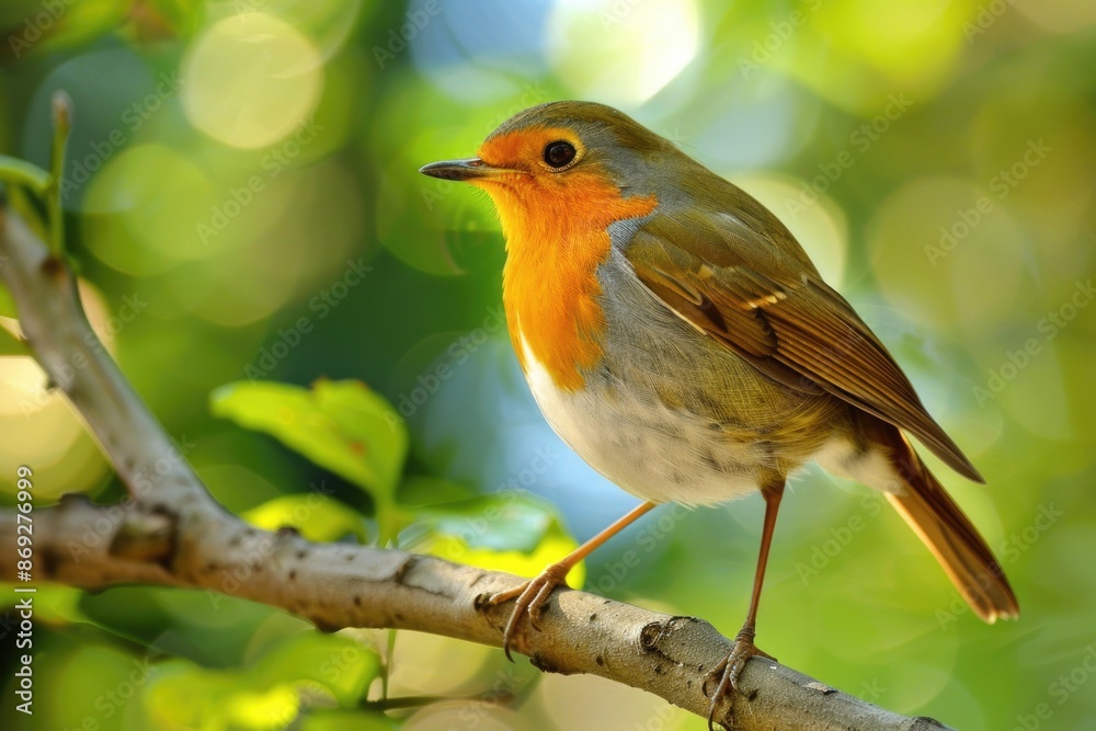 Poster A small bird sits perched on a branch of a tree, surrounded by leaves and possibly some fruit