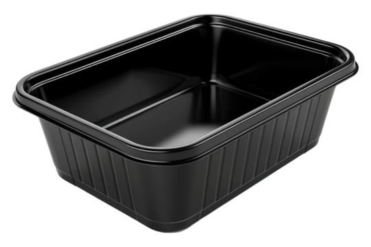 Black plastic food container isolated on transparent background