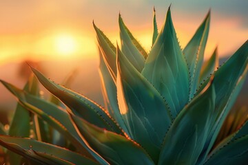 Obraz premium A close-up view of a plant with a vibrant sunset in the background