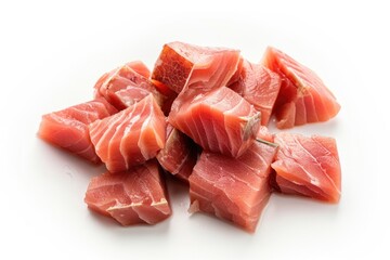 Fresh tuna pieces on a clean white surface