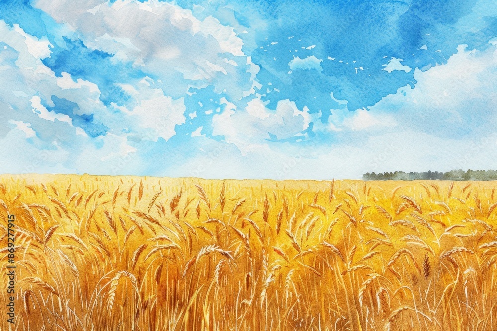 Poster A picture of a wheat field with clouds in the sky, suitable for use as a background or illustration