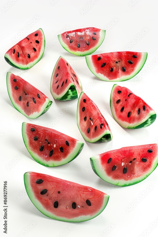 Poster fresh watermelon slices arranged on a clean white surface, ready for snacking or serving
