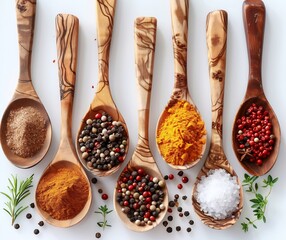Wooden Spoons with Spices Salt, Peppercorns, Turmeric, and Cumin