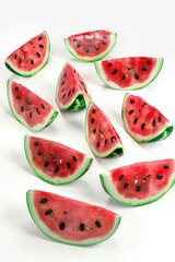Fresh watermelon slices arranged on a clean white surface, ready for snacking or serving