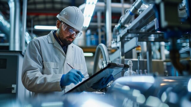 A technician wearing a white lab coat, safety glasses, and a hard hat inspects an aluminum production line with a clipboard and pen