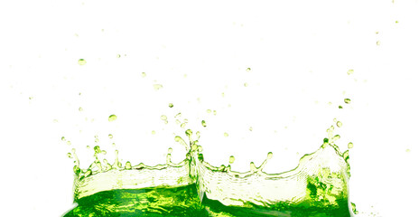 Vegetable green juice crown Water splash on object to create shape form fluttering in droplet and wave. Herb detox crown water to object make curve drop explosion. White background isolated