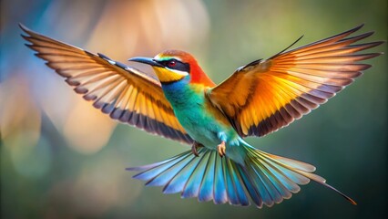 Brilliantly colored bee-eater bird spreads vibrant wings and tail in mid-air, isolated on transparent background with delicate feathers visible.