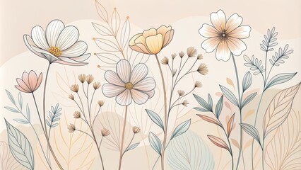 Delicate abstract wildflowers bloom in serene isolation, surrounded by gentle continuous line illustrations in a soothing minimalist art setting.