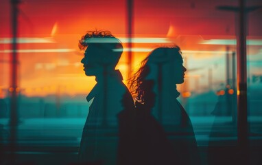 A couple embraces back-to-back against a vibrant sunset reflected in a window. Their forms are shrouded in darkness, contrasting with the vivid backdrop